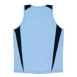 A light blue singlet with black accents on the shoulders and sides. It features a logo.