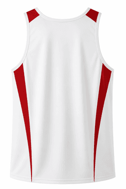 A white singlet with red accents and a logo on the back. Perfect for casual or athletic wear.
