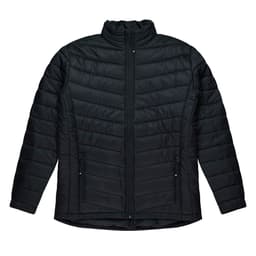 A black, padded jacket with a zip front and two side pockets; features a high collar and a sleek design.