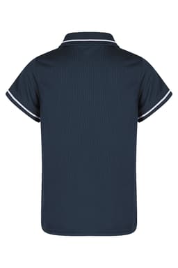 A navy polo shirt with a collar and contrasting trim, featuring a logo on the back.