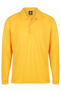 A long-sleeved yellow polo shirt featuring a collar and three buttons, with a logo on the neckline.