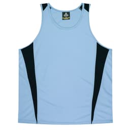 A light blue singlet with black side panels, featuring a logo on the neckline.