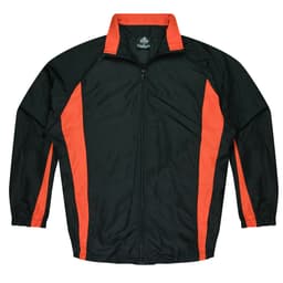 A zip-up tracktop in dark green with orange side stripes and a collar. Features a logo on the chest.