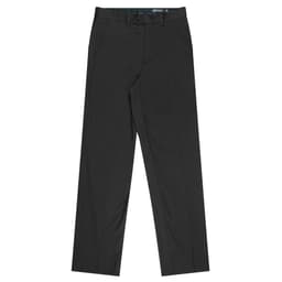 Flat front men's pants in a solid dark colour with a button and zipper closure, featuring front pockets.