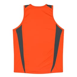 A bright orange singlet shirt with grey side panels and a branded logo. Soft fabric and sleeveless design.
