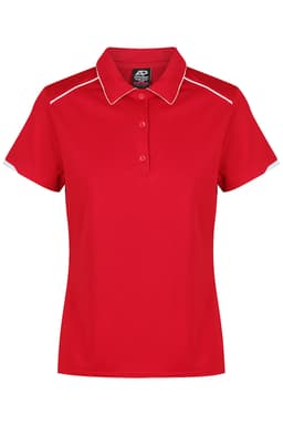 A red polo shirt with a collared neck, featuring white accents and a branding logo on the tag.