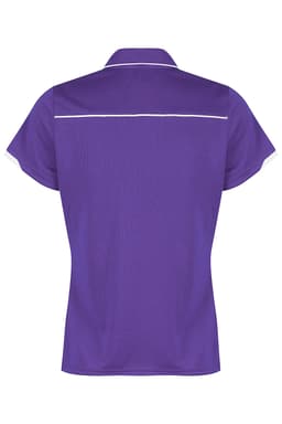 A purple polo shirt with a back view, featuring a white trim and short sleeves. It has a logo.