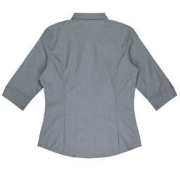 A grey button-up shirt with 3/4 sleeves and a fitted design, featuring a collar and back seams.