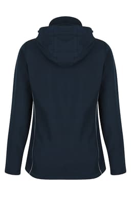 A dark navy soft shell jacket with a hood, featuring a sleek design and contrasting side seams.
