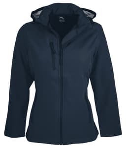 A navy soft shell jacket with a hood, featuring zippered pockets and a fitted design. It has a branding logo.