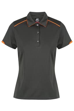 A grey polo shirt with a collar and short sleeves, featuring orange accents and a logo on the chest.