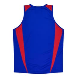 A blue singlet with red and blue accents, featuring a logo on the front.