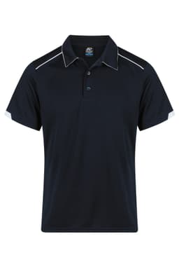 A navy polo shirt with white detailing and a logo, featuring a classic collar and short sleeves.