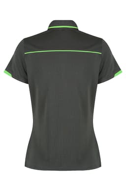 A dark green polo shirt featuring vibrant green accents and a logo. The back view displays a sleek design.