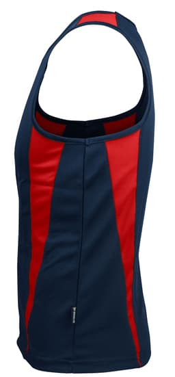 A navy singlet featuring red stripes along the sides, with a branding logo on the lower hem.