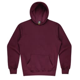 A maroon kids' hoodie featuring a front pocket and a large hood. The hoodie includes a logo on the inside label.