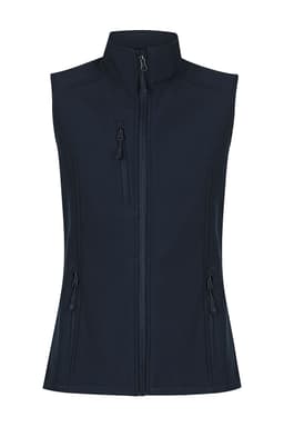 A navy vest with a high collar and multiple zippered pockets, featuring a logo. Ideal for workwear.