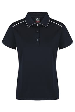 A navy blue polo shirt featuring a collar, buttons, and contrasting white accents. It has a brand logo.