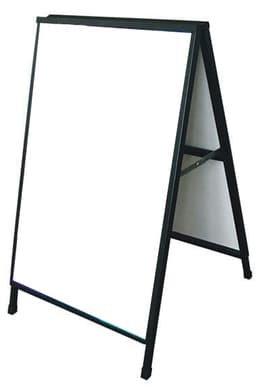 A-frame display stand with a black metal frame and a blank surface for inserting corflute signage.