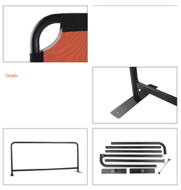 A promotional café barrier featuring a black frame and an orange fabric section, with various assembly components displayed.