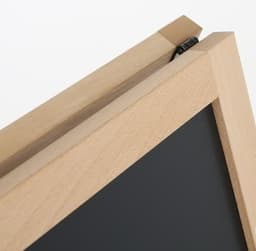 A wooden A-frame chalkboard with a black writing surface and a natural finish. It features a logo.