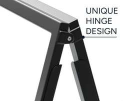 A close-up of a black A-frame structure highlighting its unique hinge design. Features a metallic frame and plastic accents.