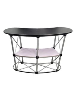 A promotional table with a curved black top, silver frame, and a lower white shelf. It has a logo.