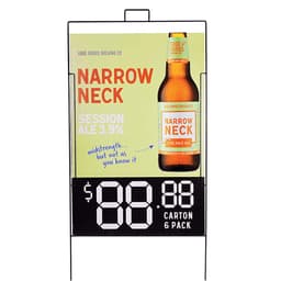A promotional display featuring a session ale in a brown bottle, with a colourful background and a logo. It has a black stand.