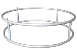 A circular hanging frame made of silver metal tubing, designed for tension fabric displays.