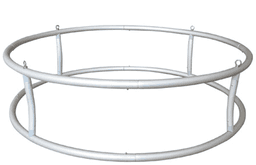 A circular silver aluminium frame designed for tension fabric displays, featuring attachment points.