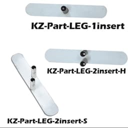 Leg inserts in varying sizes and shapes, featuring a metallic finish with dual mounting points. Includes branding.