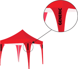 A red marquee leg cover featuring a white accent and a logo, designed to fit on tent legs.