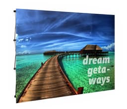 A promotional media wall replacement skin featuring a scenic ocean view with a wooden walkway and blue skies.