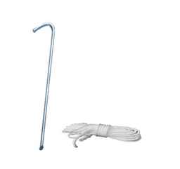 A metal tent peg with a hooked end alongside a length of white rope.