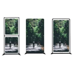 Multi-purpose floor display featuring three vertical stands with vibrant images of cyclists in a forest setting.