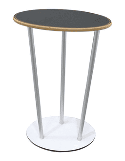 An oval table with a black top and wooden edge, supported by three silver legs and a white base.