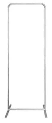 A silver tension fabric display stand with a flat top and H-shape design.