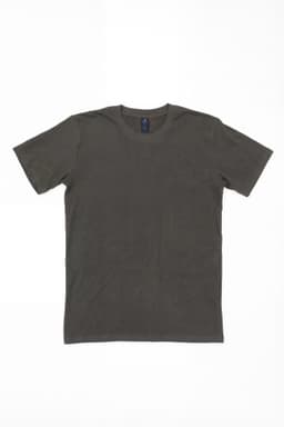 A dark green t-shirt displayed flat on a white background, featuring a simple design and a logo.
