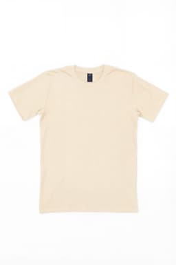 A beige T-shirt displayed flat with a tag, featuring a simple design and no visible logos.