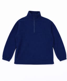 A navy blue polar fleece soft shell jacket featuring a quarter zip and long sleeves, with a logo present.