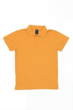 A yellow polo shirt with a collar and short sleeves, featuring a branding label. 