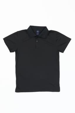 A black polo shirt with a collar and short sleeves, featuring a logo on the chest area.