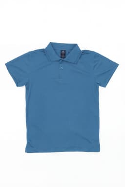 A blue polo shirt with a collar and short sleeves, featuring a branded label.