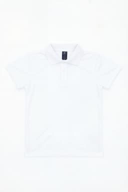 A white polo shirt featuring a classic collar and short sleeves, with a logo on the chest area.