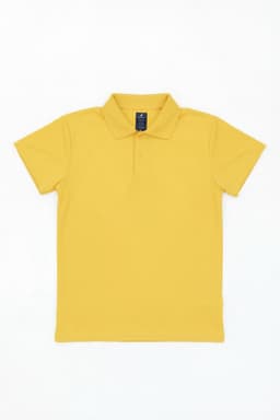 A yellow youth polo shirt with a collar and short sleeves, featuring a branding label.