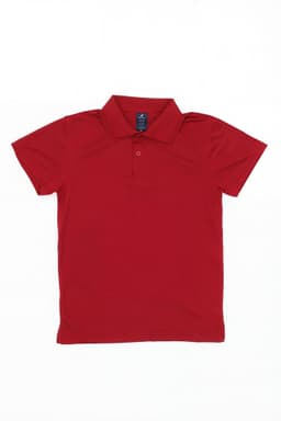 A red polo shirt with a collar and short sleeves, featuring a logo on the label.