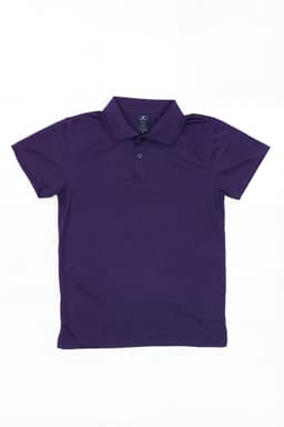 A purple polo shirt with a collar and three buttons, featuring a logo.