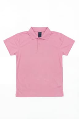 A pink Youth Core Polo shirt featuring a collar and short sleeves, with a logo on the label.