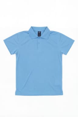 A light blue youth polo shirt featuring a collar and a logo. Ideal for casual wear.