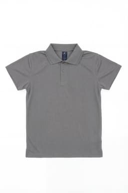 A grey polo shirt featuring a collar and short sleeves, with a label and logo on the inside.
